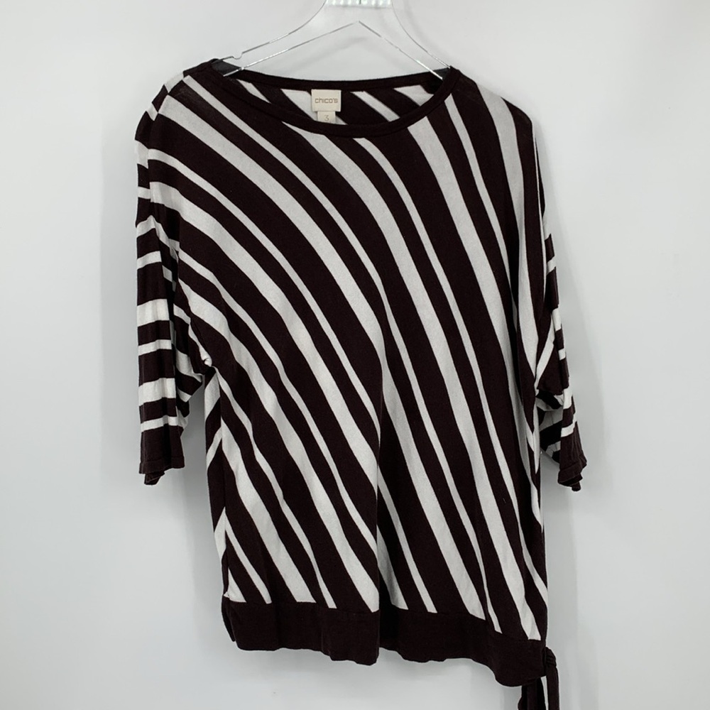 Chicos sweater brown white diagonal stripe waist tie short sleeve women 3 XL
